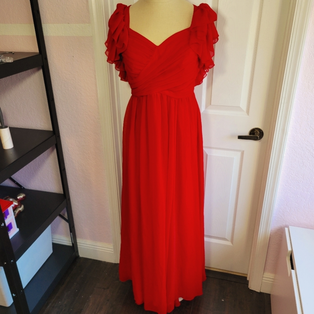 Arula Red Ruffled Chiffon Sweetheart Flowy Maxi Dress Size XL Holiday Party